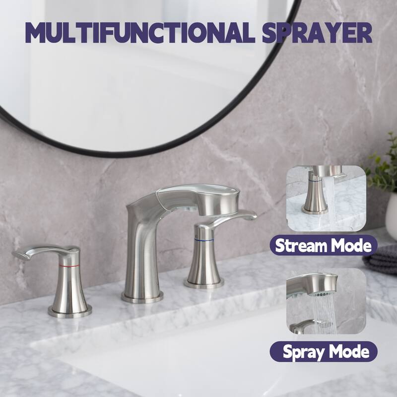 2 Handle Bathroom Sink Faucet with Pull Out Sprayer, Silent Splashback, Rust and Corrosion Resistant, Resists Discoloration