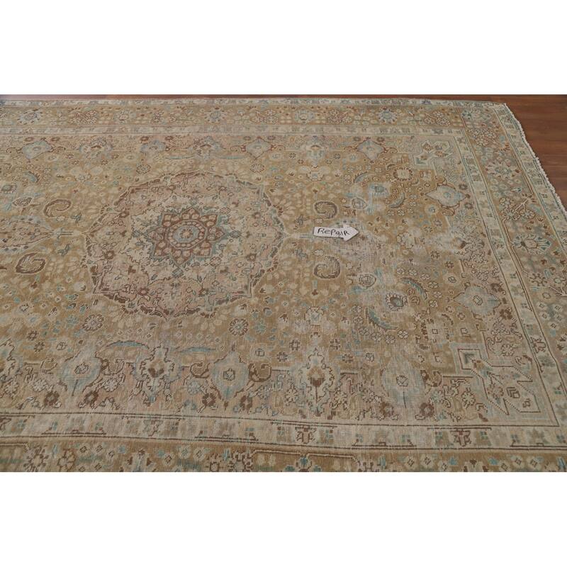Hand Knotted Oriental 100% Wool Carpet Traditional Medallion Yellow & Gold Tabriz Area Rug - 9' 9'' X 6' 7''