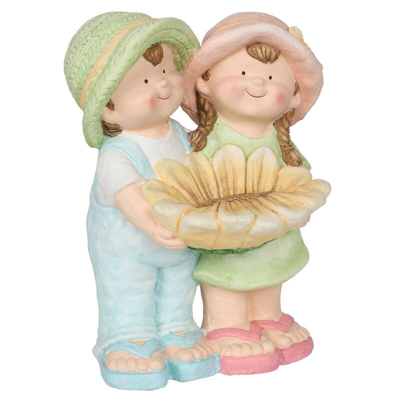 Boy and Girl Statue Holding Sunflower Birdbath