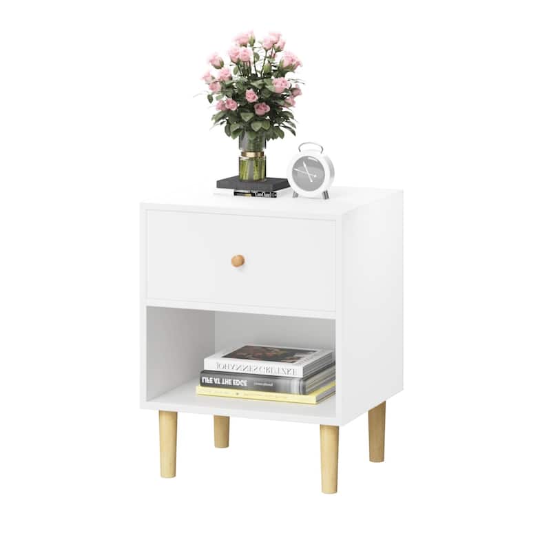 Wooden Nightstand with Drawer, Chair Side End Table with Wooden Legs, Couch Side Table with Open Storage Shelf