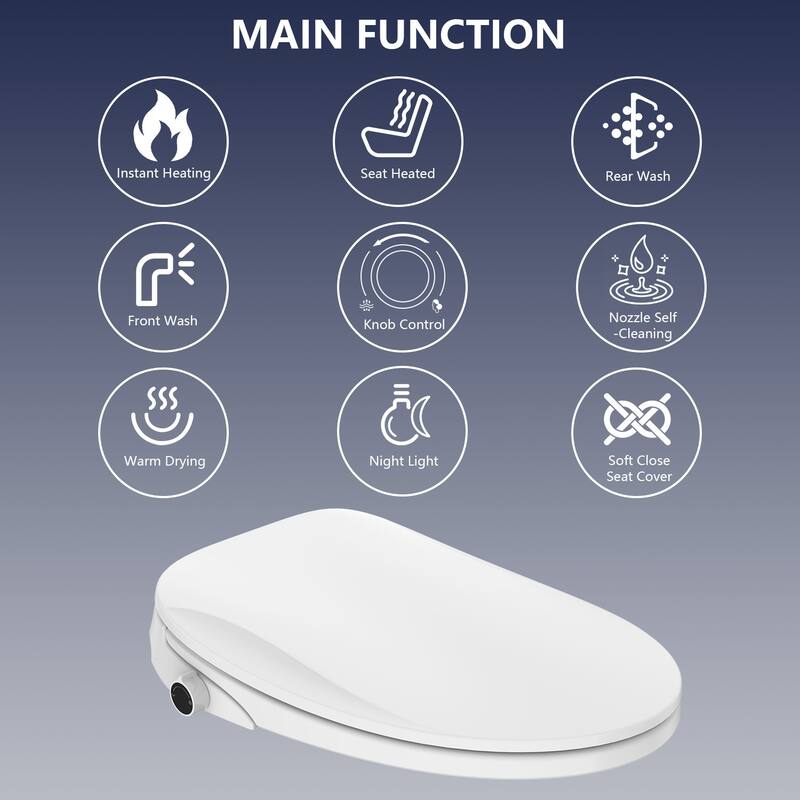 Smart Bidet Toilet Seat with Side Control Knob & Buttons, Heated Seat, Warm Water & Air Dryer, LED Nightlight, Elongated