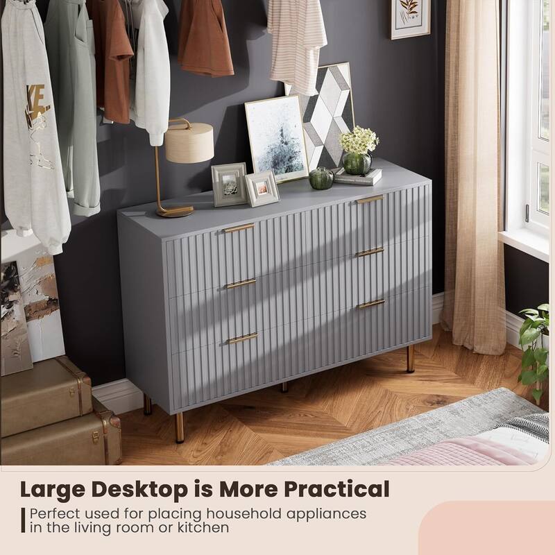 Fluted 54" 6 Drawer Double Dresser for Bedroom, Living Room, Hallway, Kids Room