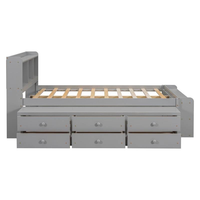 Full Bed with Bookcase Headboard Under bed Storage Drawers and Bed End Storage Case