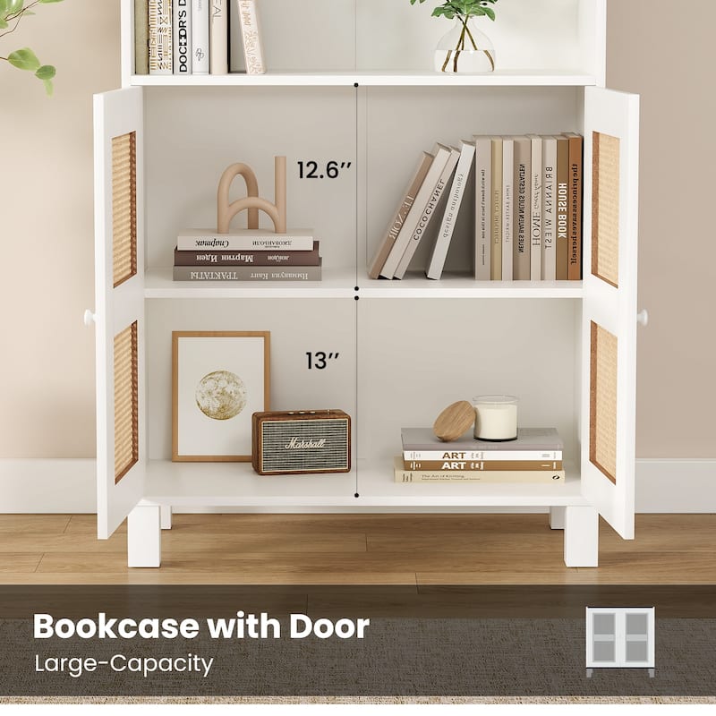Tall Bookcase with Rattan Doors,5 Tier Storage Wood Shelves Large Bookshelf for Library Living Room Bedroom Home Office