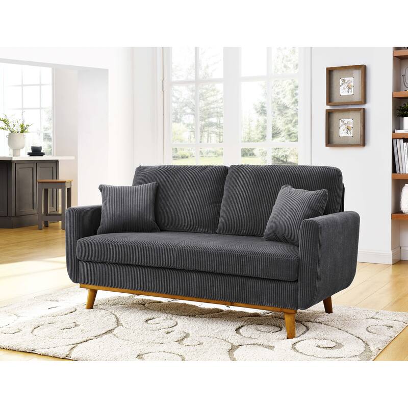 Asher Mid-Century Corduroy Sofa,Flared Arms,And A Sturdy Solid Wood Frame With Tapered Legs In A Warm Walnut Finish. - Gray