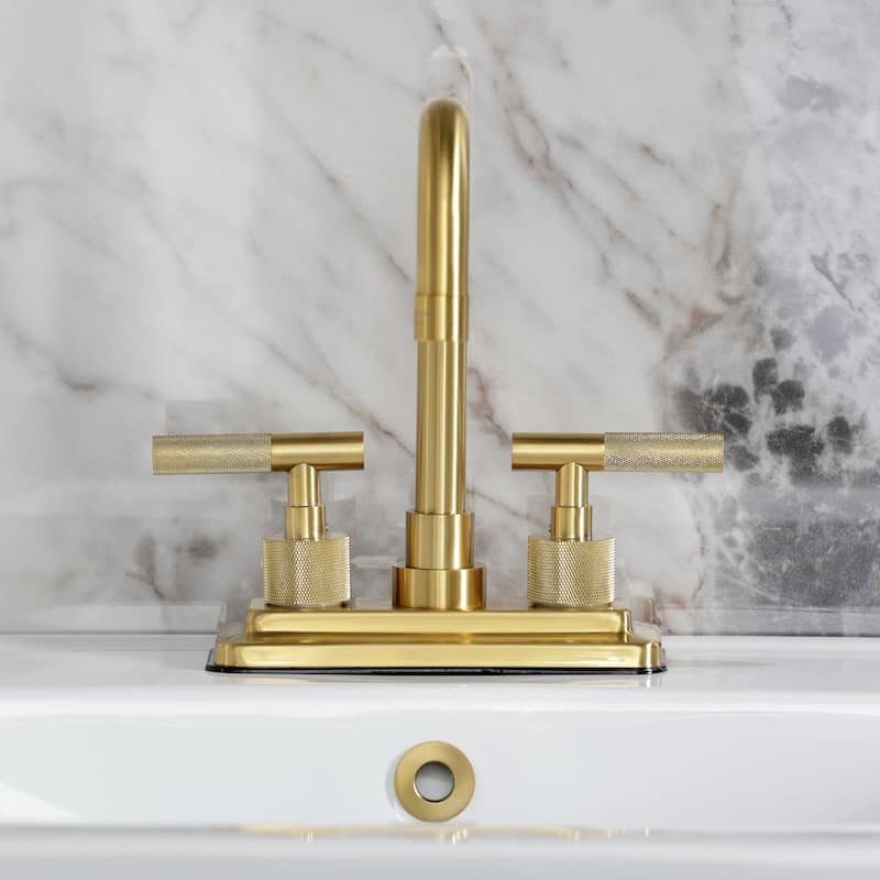 Kingston Brass Convergent Two-Handle 3-Hole Deck Mount 4" Centerset Bathroom Faucet with Knurled Handle and Brass Pop-Up Drain