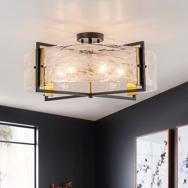 Modern Entryway 6-Light Glazed Glass Drum Semi-flush Mount - Black & Gold - 23.6in