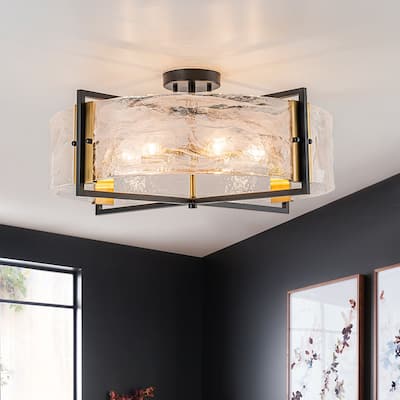Modern Entryway 6-Light Glazed Glass Drum Semi-flush Mount - Black & Gold - 23.6in