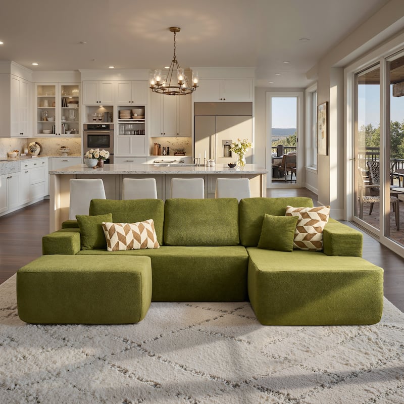 ​​OVIOS Lazy Chaise Lounge Sofa with Ottoman​ - Right​​Cloud Velvet​-Green