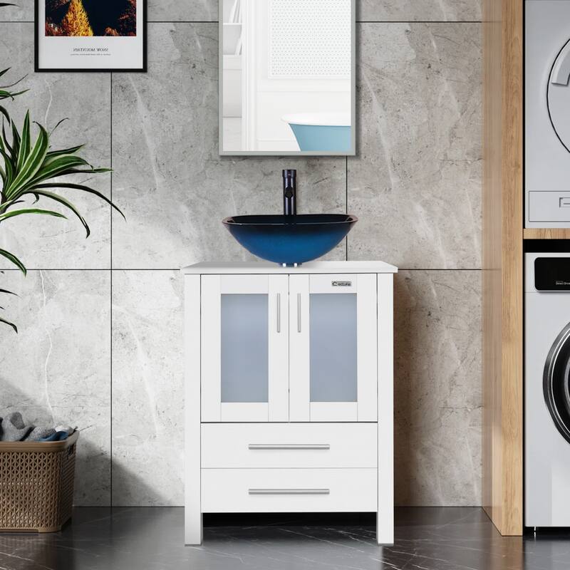24" Bathroom Vanity White Set Glass/ Ceramic Vessel Sink Cabinet Faucet Drain Free Standing Combo