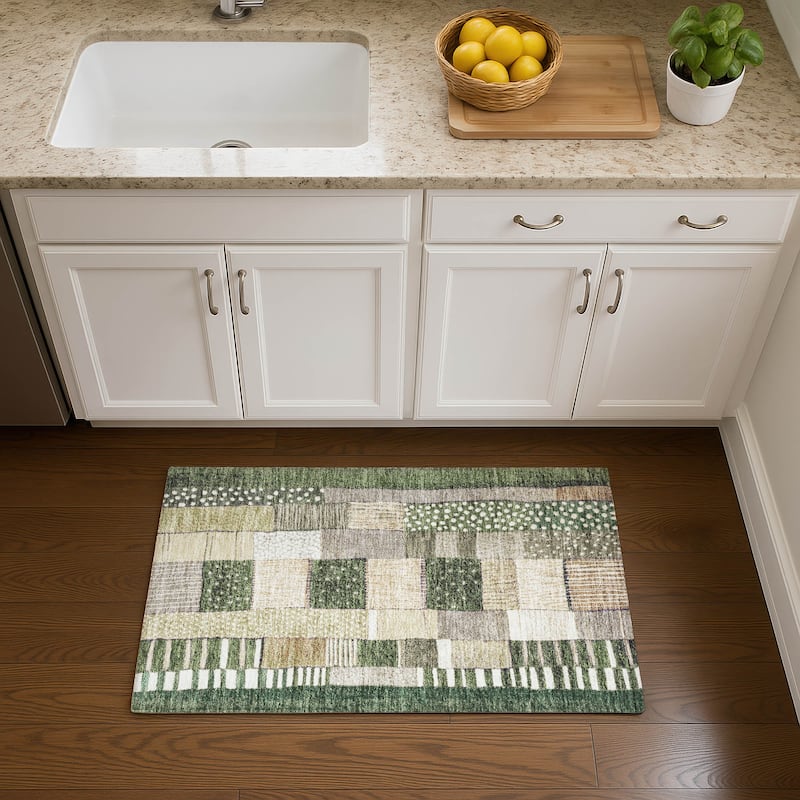 Premium Washable Super Soft Modern Patchwork Mayfield Rug - Olive - 1'8" x 2'6"