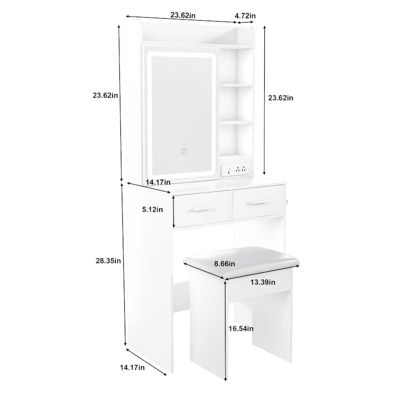 Small Makeup Vanity Desk with Built-in Power Outlet and Adjustable LED Lights Mirror