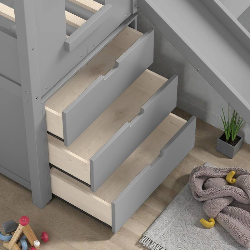 Twin House Loft Bed with Slide and Stairs, Storage Cabinets and Removable Desk, Kids Space Saving Loft Bed