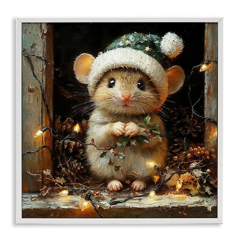 Stupell Barn Mouse with Christmas Lights Framed Giclee Art Design By Riley B - 12 x 12 - White