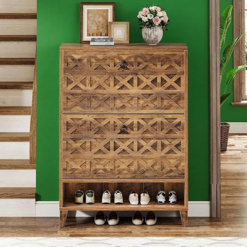 Slim Shoe Cabinet with Flip Drawers and Open Shelf for Entryway Hallway and Home Storage - 31.5”L x 9.45”W x 43.31”H
