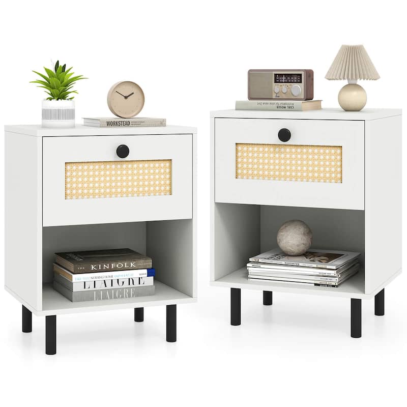 Costway 1/2 PCS Rattan Nightstand Boho End Table with Drawer & Open - See Details - White-2 PCS