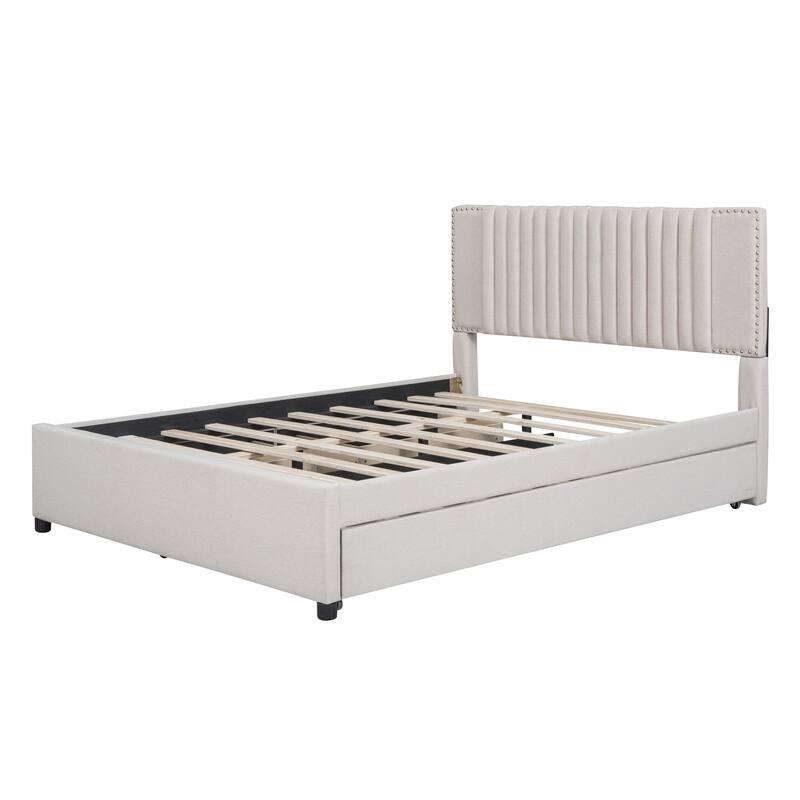 Nordic Creative Queen Size Upholstered Platform Bed with Comfy Soft Headboard Design & 2 Drawers and 1 Twin XL Trundle Bed