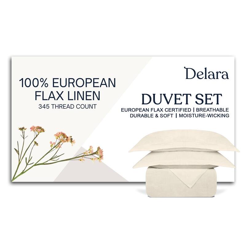 Delara 100% European Flax Linen Duvet Cover Set, Ultra Soft Smooth & Breathable - Ivory - Queen