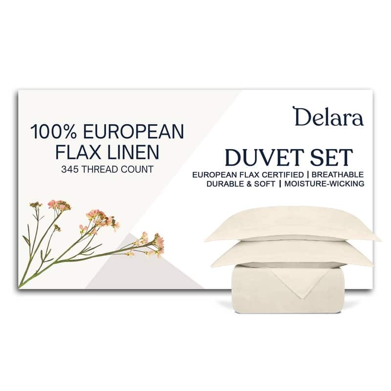 Delara 100% European Flax Linen Duvet Cover Set, Ultra Soft Smooth & Breathable