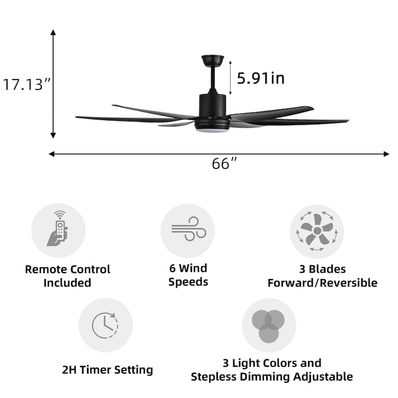 66 in. Modern Downrod Mount Ceiling Fan with LED Light, 6 ABS Blades, DC Motor, Remote Control