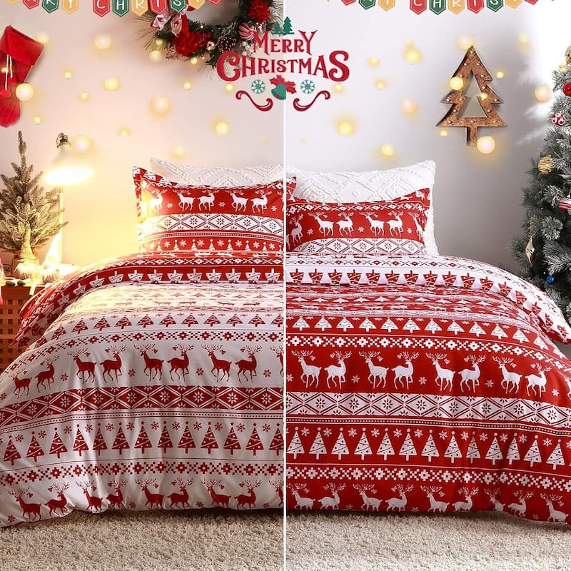 Reversible Printed Christmas Duvet Cover and Pillow Shams Set, Bedding Set