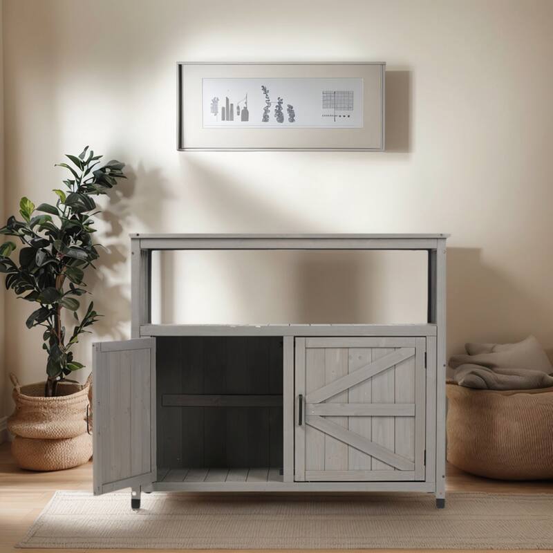 Wooden Patio Bar Table Set with Storage - Grey