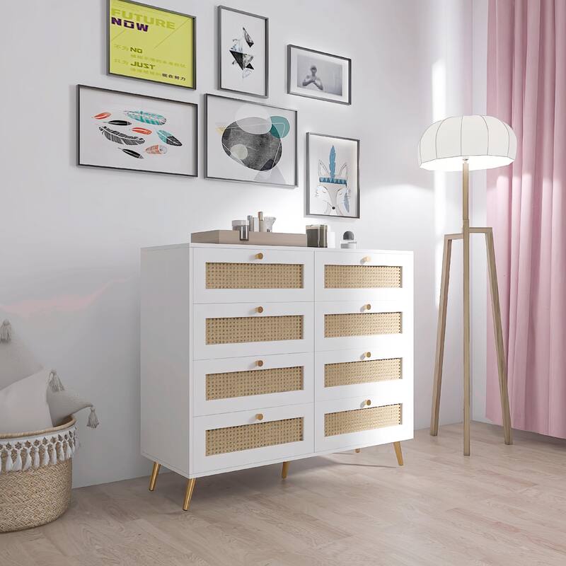 8-Drawer Chest of Drawers with Rattan Drawer Fronts, Golden Legs, and Handles