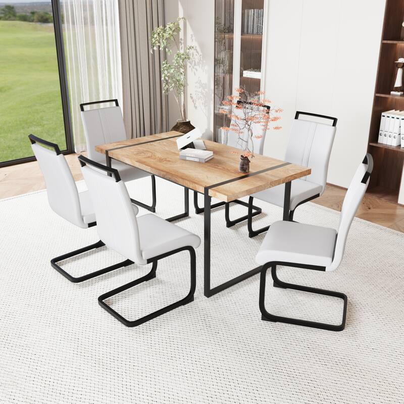 7-Piece Dining Table Set with Wood Grain Tabletop, Chair with C-shaped Bases, Ergonomically Curved Backrest