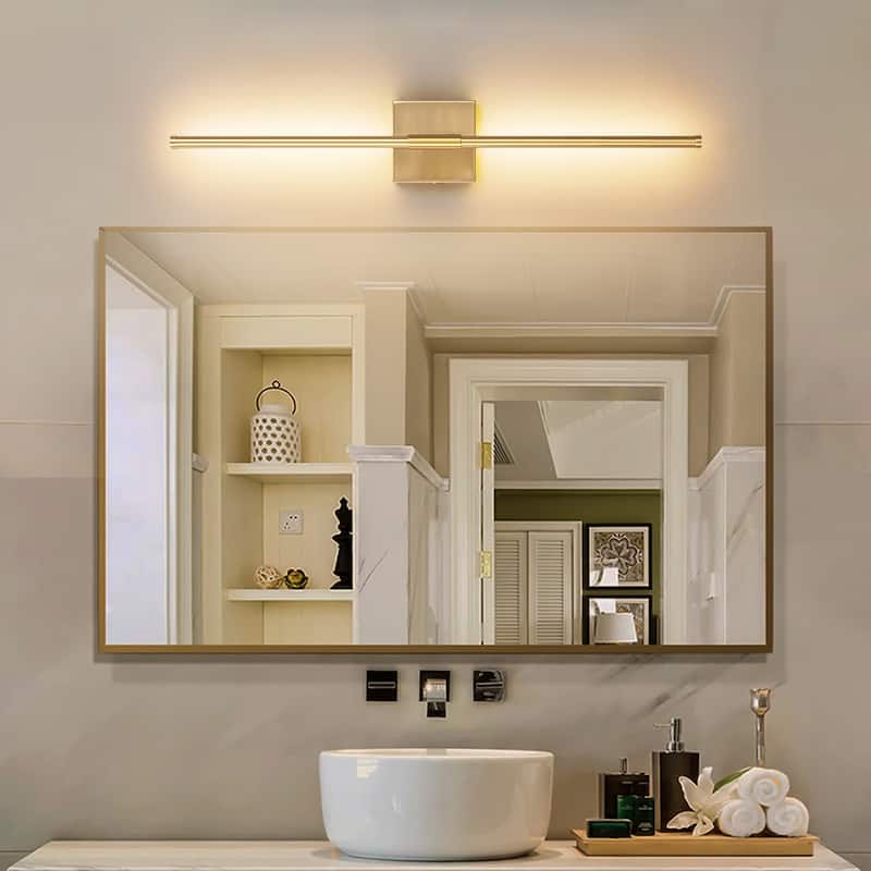 1-Light Black/ Gold/ Nickel Modern Long Linear Strip Wall Sconce Dimmable LED Bathroom Vanity Light - Rectangular backplate/W:27.5'' - gold