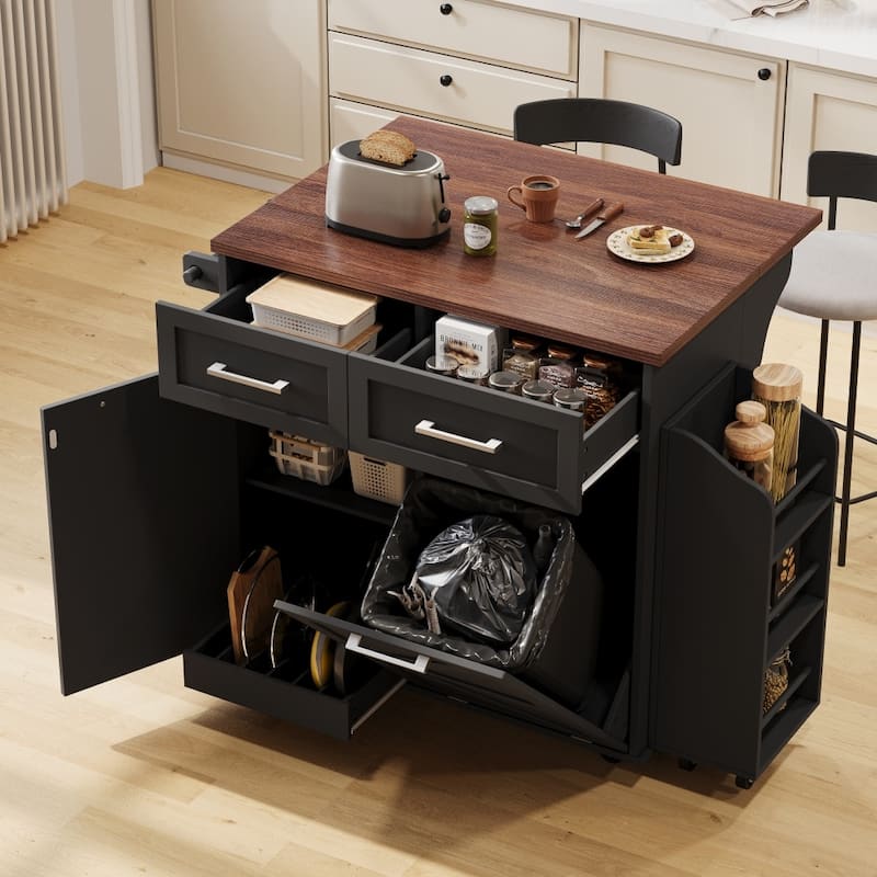 47.2" Farmhouse Kitchen Island with Drop Leaf,Removable Side Racks and Two Drawers - Black