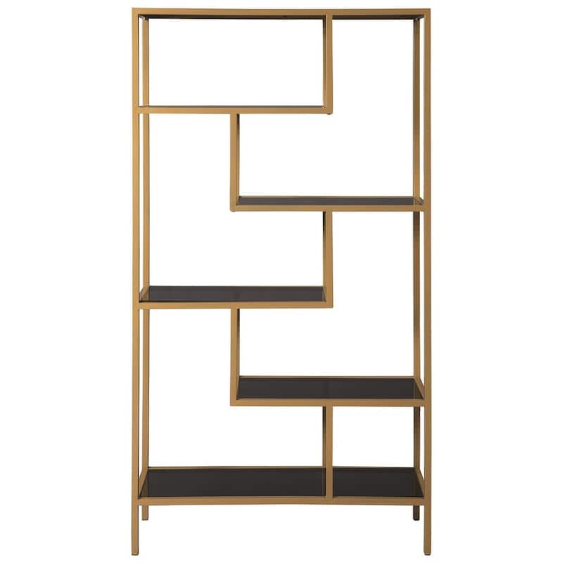 Metal Frame Bookcase with 5 Tiered Display Glass Shelves, Gold and Black - 70 H x 12 W x 36 L