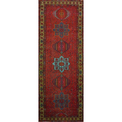 Hand Knotted Oriental 100% Wool Carpet Traditional Geometric Red Heriz Runner Rug - 11' 2'' X 3' 10''