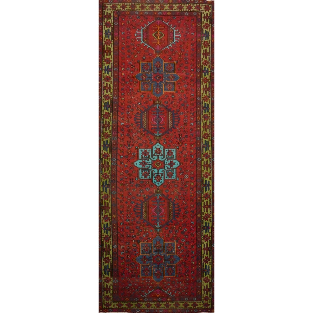 Hand Knotted Oriental 100% Wool Carpet Traditional Geometric Red Heriz Runner Rug - 11' 2'' X 3' 10''