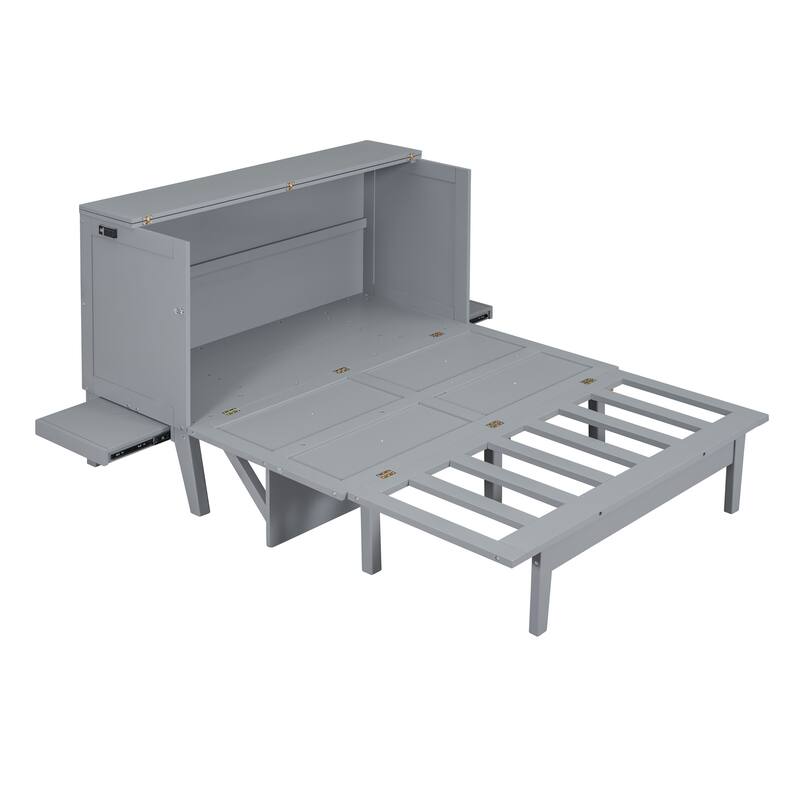 Murphy Bed Cabinet Bed with 2 Removable Shelves and USB Port-Queen, Grey