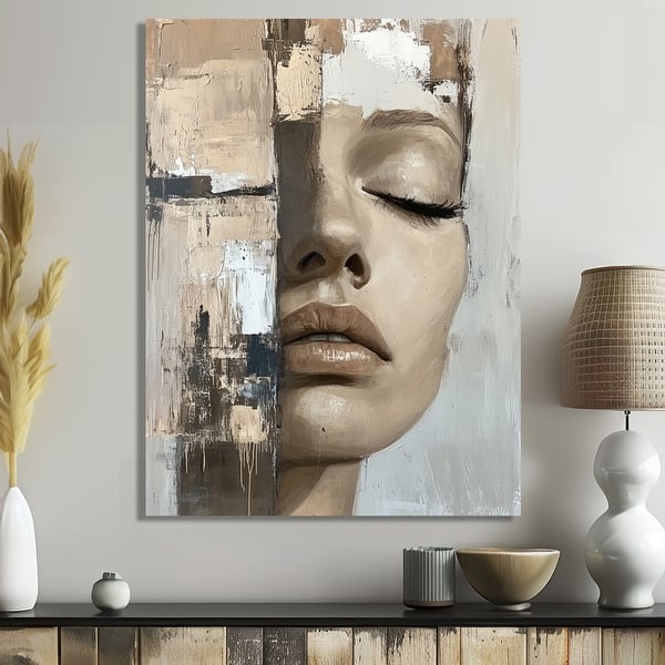slide 2 of 5, Designart Mysterious Abstract Face Portrait II - Beige Modern Canvas Print 12 x 20