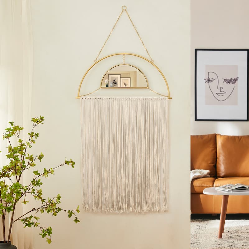 Glitzhome Regency Modern/Boho Metal Semi-moon Specialty Wall Mirror With Tassels Drawing Room Bedroom Decor