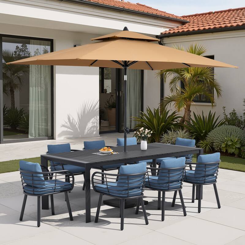 9/11-Piece Outdoor Patio Dining Set w/10 ft Umbrella and Base Aluminum Dining Table and Dining Chairs with Sunbrella Cushions
