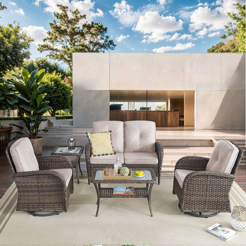 Pocassy Outdoor Loveseat Sofa with Table Funiture Set - Brown Wicker Beige Cushion - 5PCS Loveseat Sofa with Swivel Chairs Table