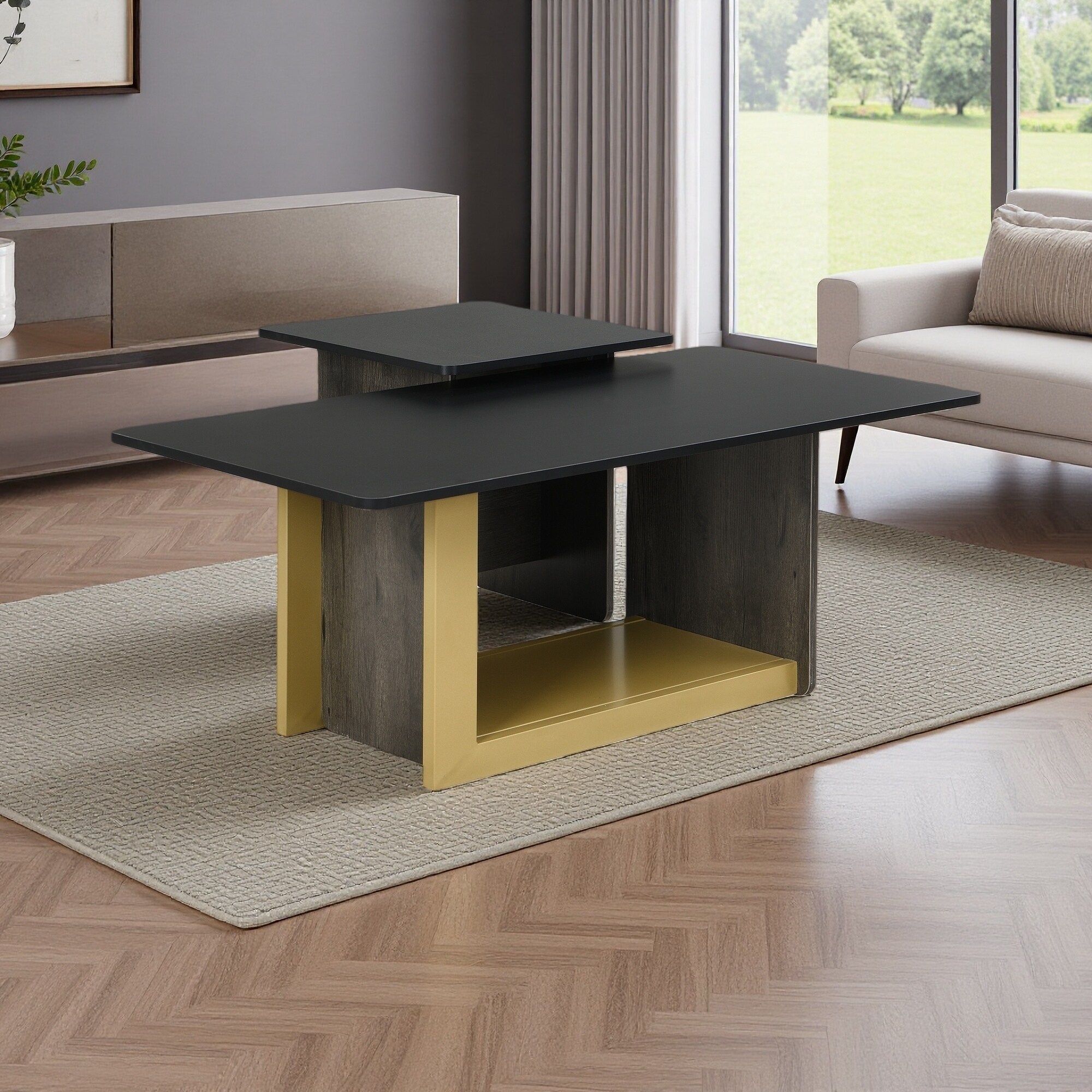 Modern Light Luxury Coffee Table Set of 2, Large Rectangular & Small Square End Table with MDF Top and Metal Frame