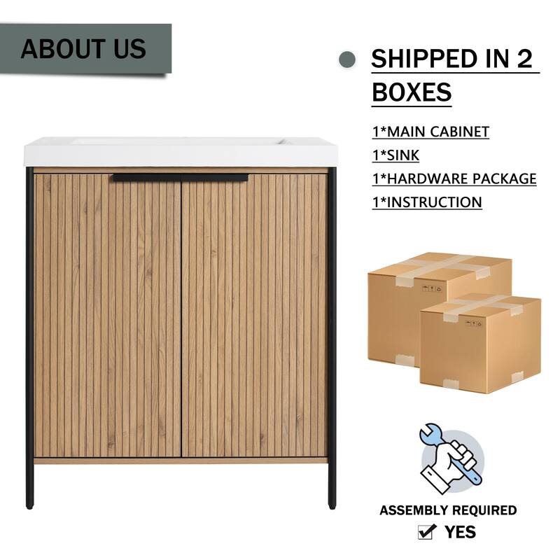 30" Freestanding Bathroom Vanity with Resin Sink & 2 Soft-Close Cabinet Doors (KD-Packing)