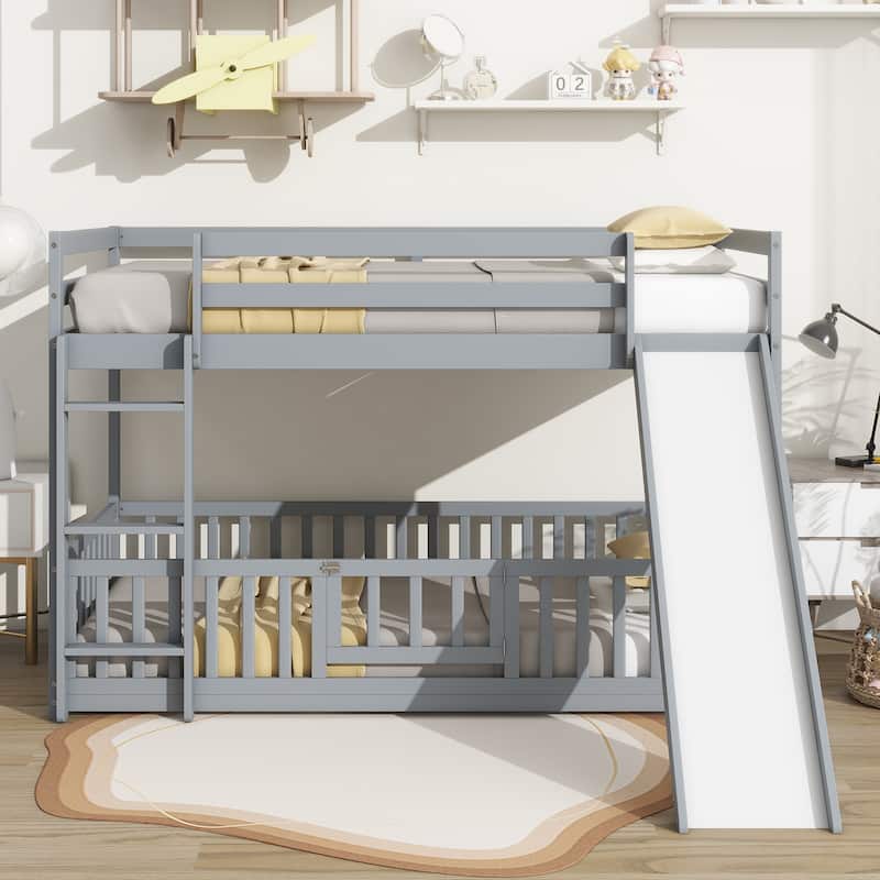 Twin Over Twin Floor Bunk Bed with Slide and Convertible 3-Way Design Safety Door & Guardrails (250lb Capacity) - Grey