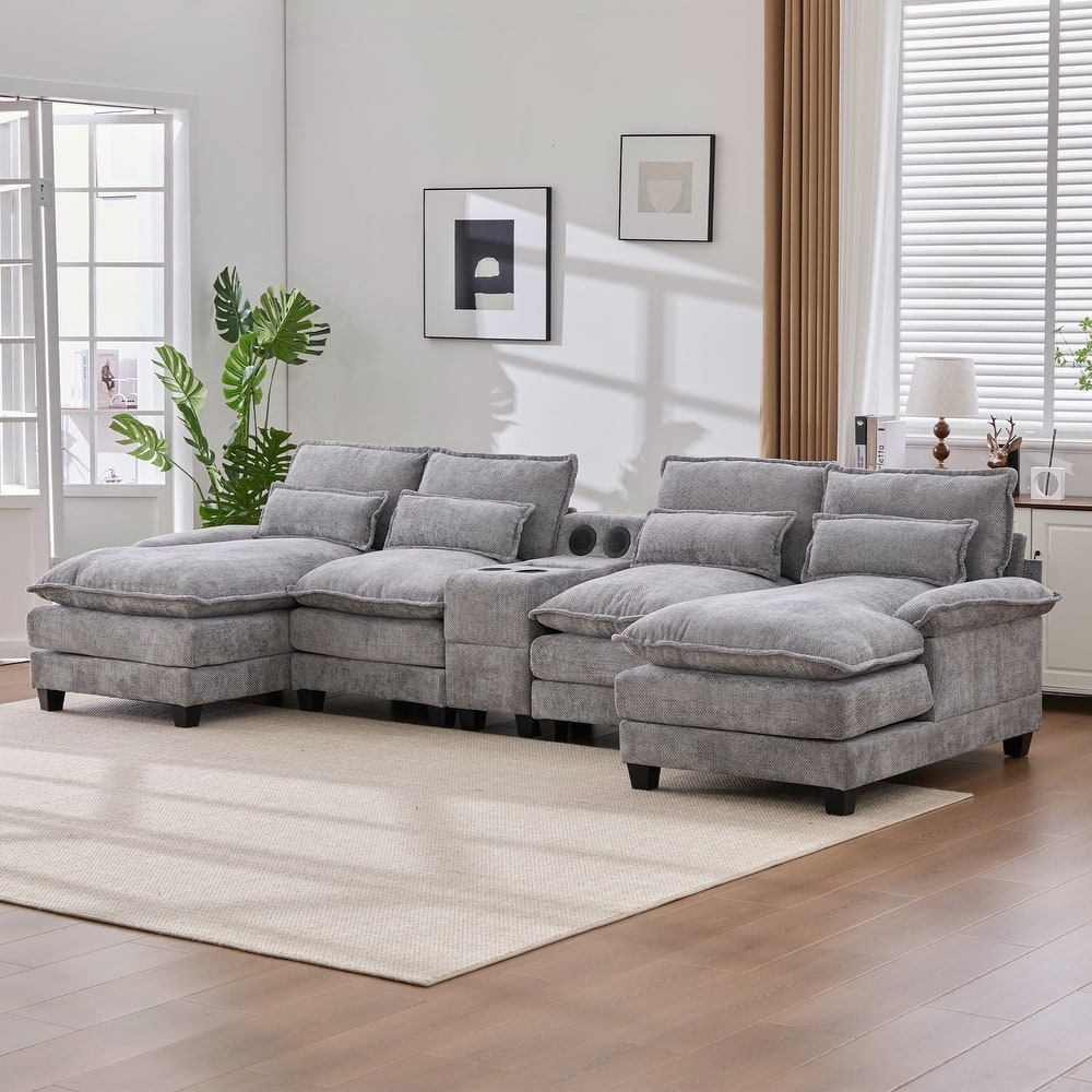 6-seat Chenille Upholstered Modern U-shaped Sectional Multifunctional Sofa with 2 Cup Holders,Pull-out Storage Space