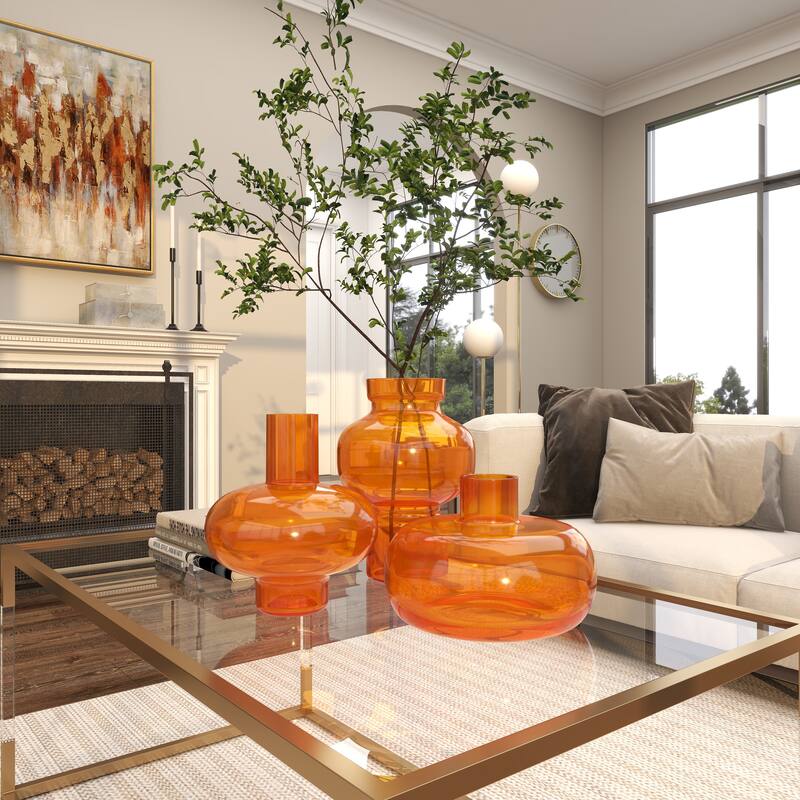 Blue, Green or Orange Glass Round Vase with Varying Shapes and Sizes (Set of 3)