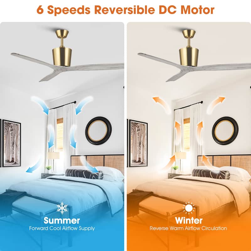 54" Farmhouse Solid Wood 3-Blade DC Reversible Ceiling Fan with Remote, No Light