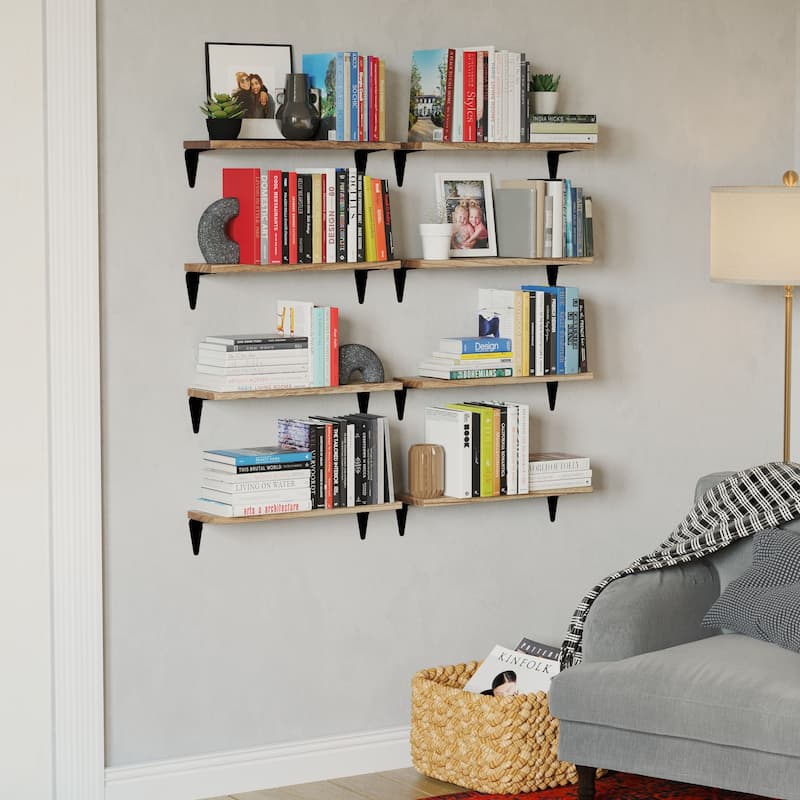 Wallniture Arras 17" Floating Shelves for Living Room Décor, Burnt Finish (Set of 8)