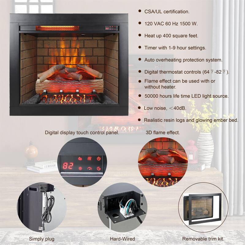 28" Infrared Electric Fireplace with Removable Trim Kit, Touch Panel & Crackling Sound