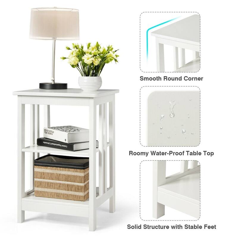 3-Tier Nightstand Side Table with Baffles and Corners-White