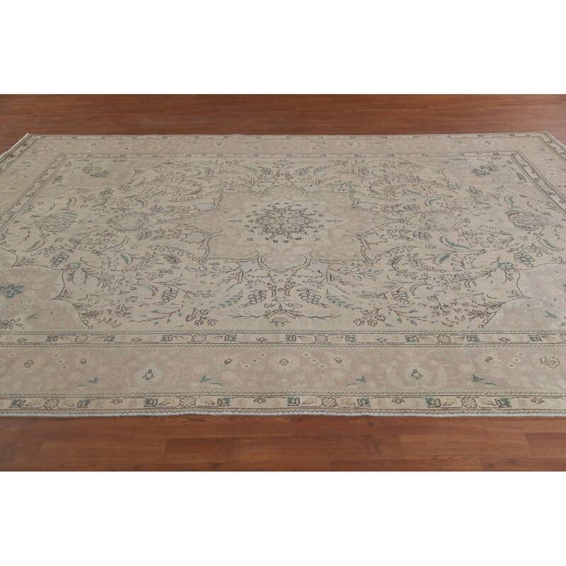 Hand Knotted Oriental 100% Wool Carpet Traditional Floral Beige & Ivories Tabriz Area Rug - 12' 11'' X 9' 6''