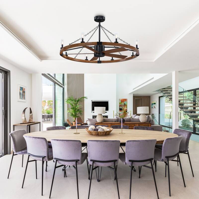 52" Farmhouse Black Wagon Wheel Caged Chandelier Ceiling Fan with Light and Remote