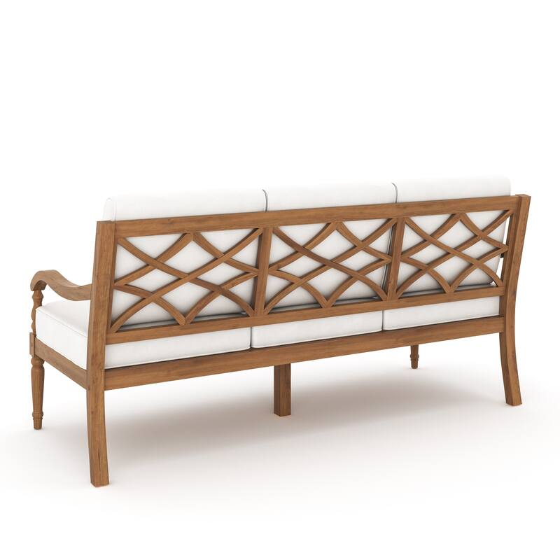 Pena Outdoor Sofa, White Linen Cushions, 76 Inch Brown Acacia Wood